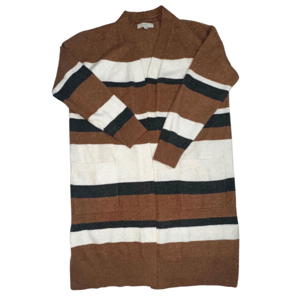 Loft | Striped Long Open Front Cardigan | XXL | Brown Grey Cream